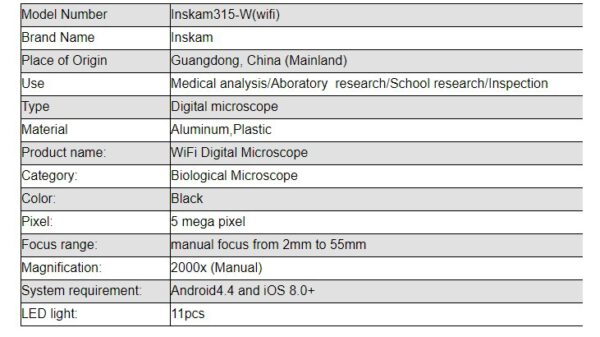 مشخصات میگروسکوپ میکروسکوپ دیجیتال وای فای Inskam۳۱۵-W